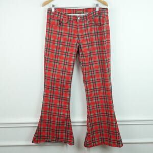 Run & Fly Bell Bottom Pants Red Plaid Flare Retro Golf Hippy Punk 32 14 Preppy